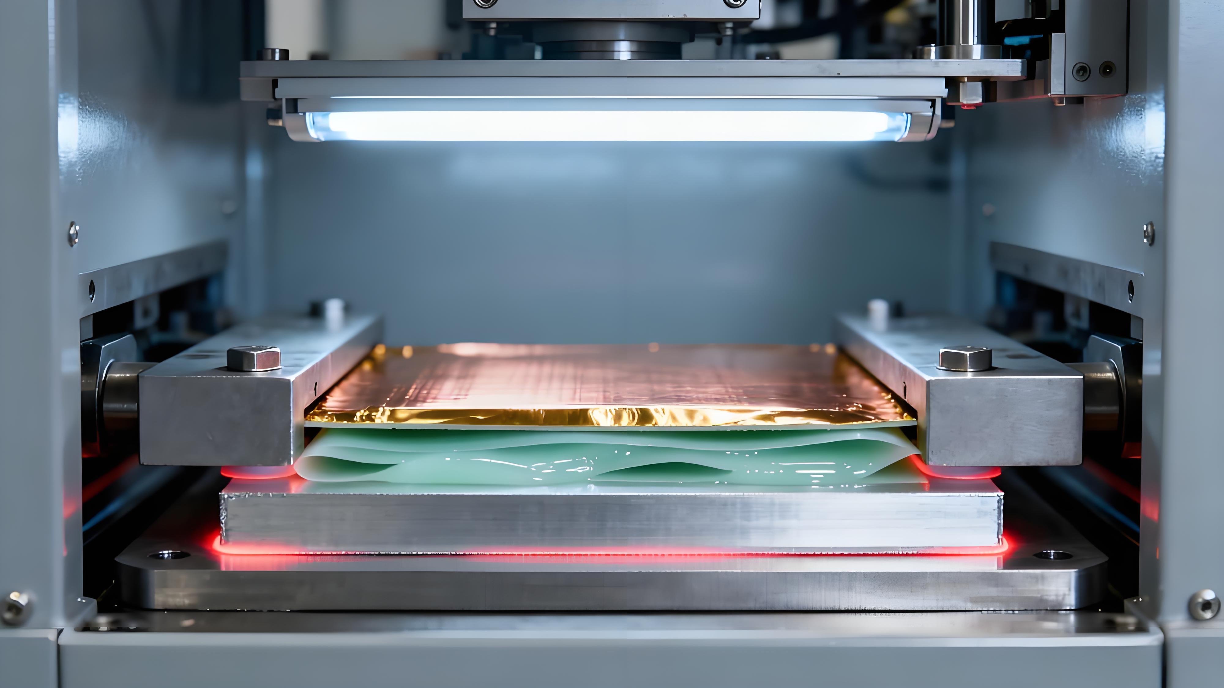 鋁基板絕緣層壓合工藝場景,銅箔、導熱絕緣膠膜與鋁板在高溫高壓下緊密貼合 鋁基板絕緣層壓合工藝場景,銅箔、導熱絕緣膠膜與鋁板在高溫高壓下緊密貼合