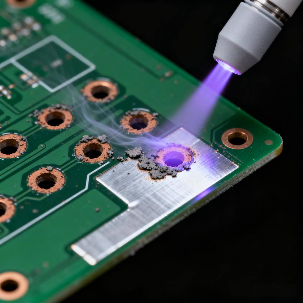 激光鉆孔后等離子清洗微盲孔除膠渣場景,淡紫色等離子體去除孔壁碳化殘留 激光鉆孔后等離子清洗微盲孔除膠渣場景,淡紫色等離子體去除孔壁碳化殘留