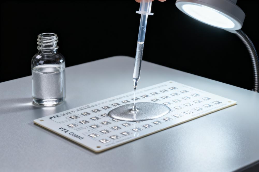 PTFE PCB沉銀表面處理場景,淡銀色溶液在銅焊盤形成均勻沉銀層無鼓泡 PTFE PCB沉銀表面處理場景,淡銀色溶液在銅焊盤形成均勻沉銀層無鼓泡