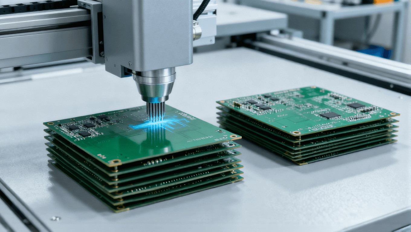 工業控制4層PCB飛針5%抽測場景，覆蓋良品與不良品將漏測率降至0.2%