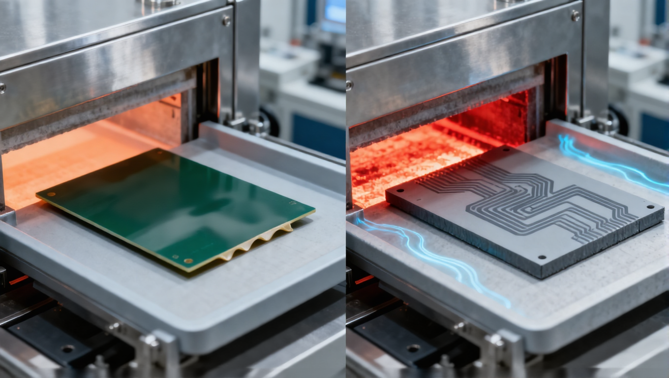 LTCC與HTCC燒結工藝對比場景,850-900℃淡橙色光適配銀漿線路,1600-1800℃深紅色光適配鎢漿線路 LTCC與HTCC燒結工藝對比場景,850-900℃淡橙色光適配銀漿線路,1600-1800℃深紅色光適配鎢漿線路