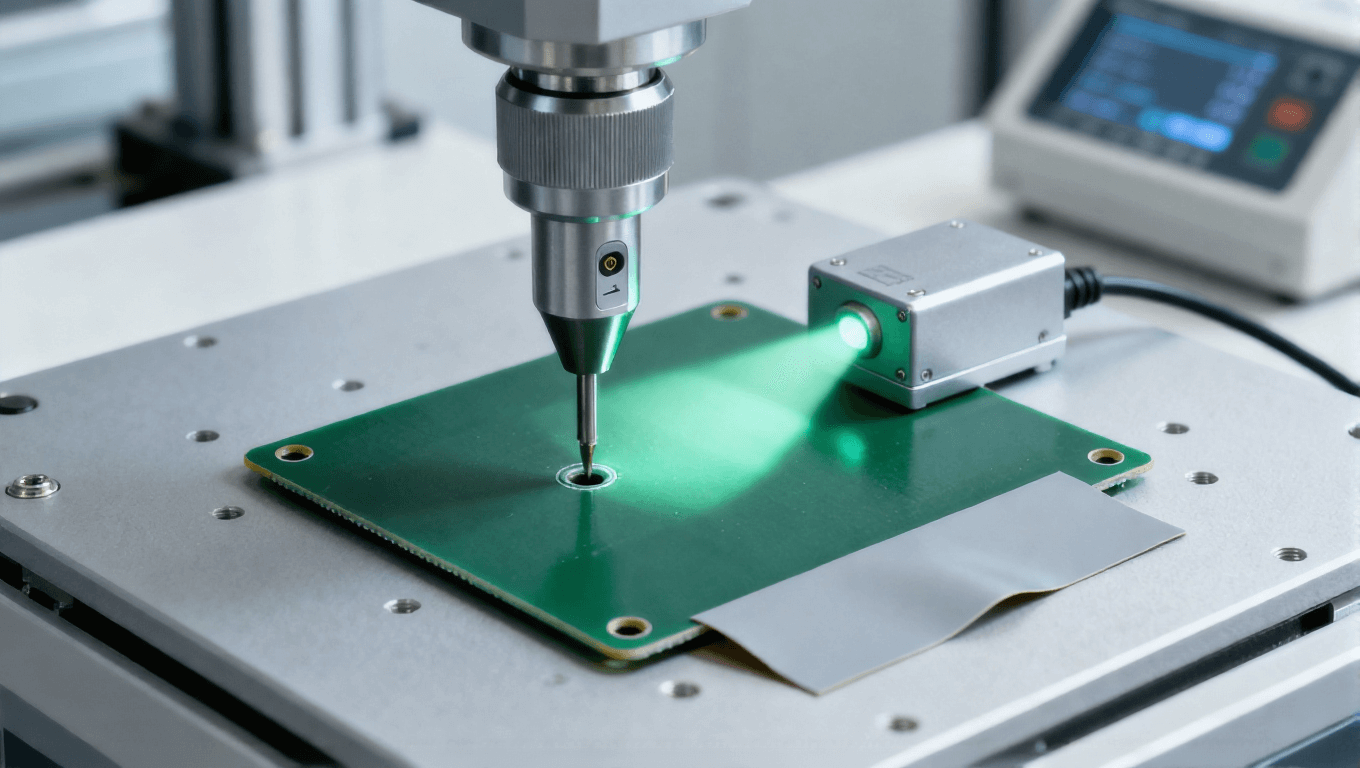 PCB沉頭孔壓力感應技術加工場景,淡綠色光影反饋鉆削阻力變化 PCB沉頭孔壓力感應技術加工場景,淡綠色光影反饋鉆削阻力變化