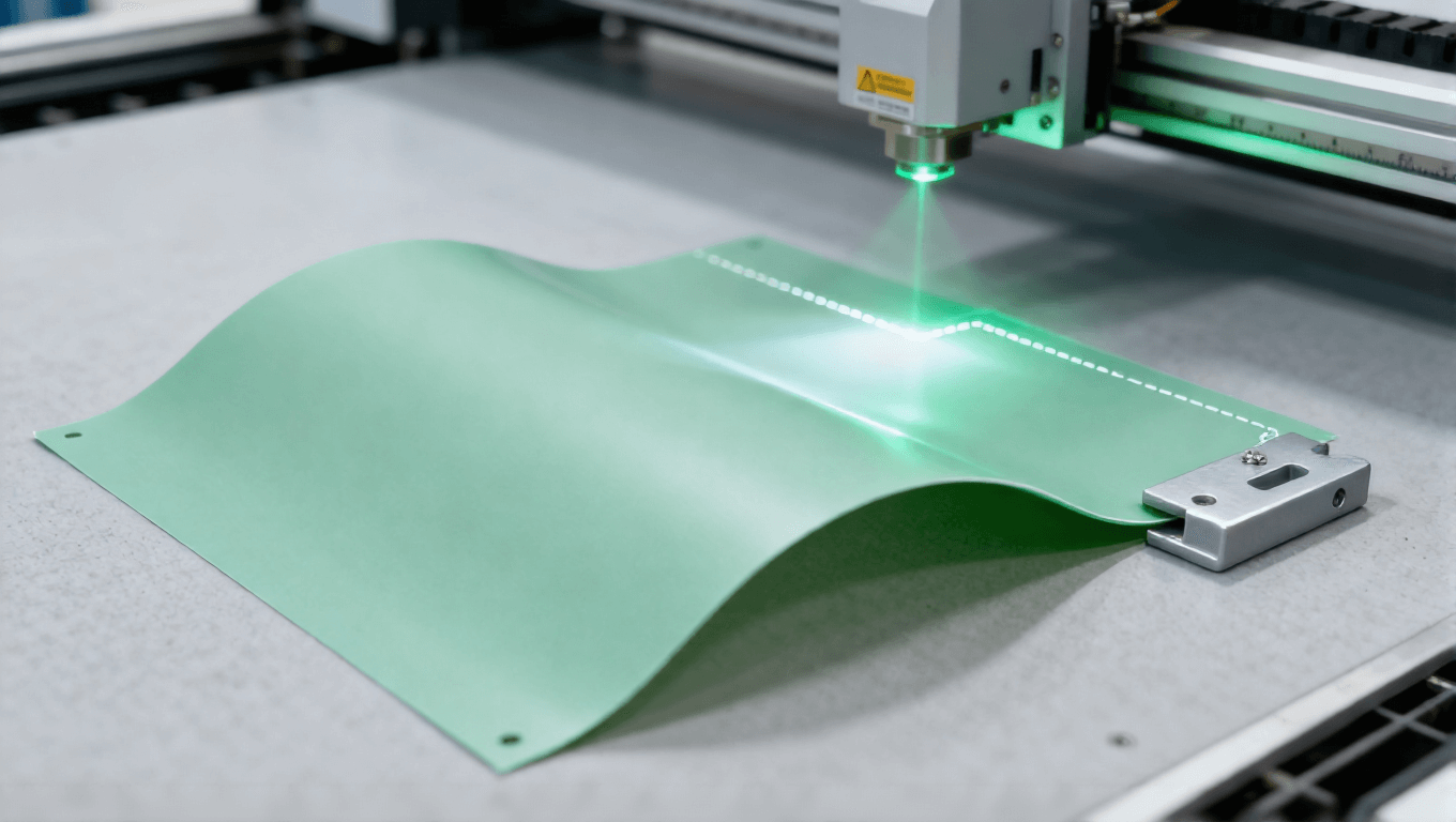 柔性 PCB 激光輪廓切割場景,淡綠色激光無應力切割 PI 板邊緣整齊 柔性 PCB 激光輪廓切割場景,淡綠色激光無應力切割 PI 板邊緣整齊
