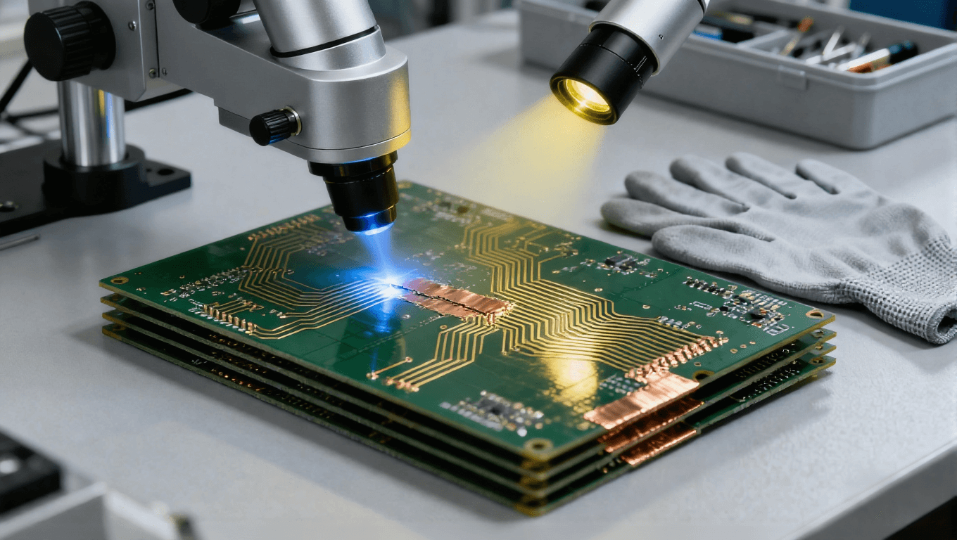 PCB 線路缺陷激光修復場景,淡藍色微光束微米級切除多余銅箔修復短路 PCB 線路缺陷激光修復場景,淡藍色微光束微米級切除多余銅箔修復短路