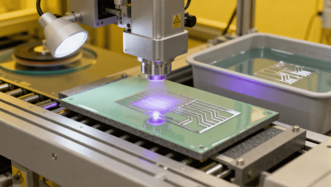 陶瓷板光刻圖形化場景,紫外曝光 + 顯影液露出銀色銅種子層圖形 陶瓷板光刻圖形化場景,紫外曝光 + 顯影液露出銀色銅種子層圖形