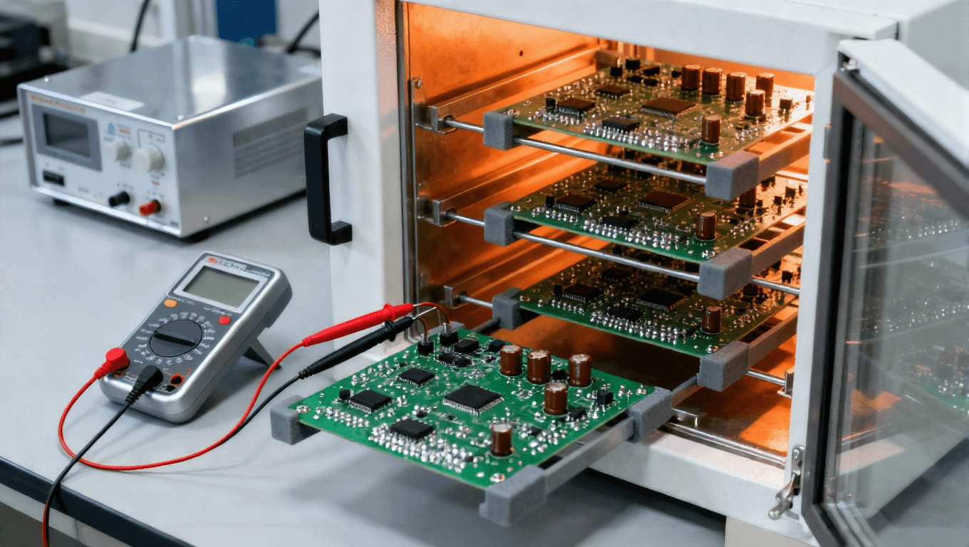 PCB高溫老化測試 可編程高溫箱 綠色PCB板 萬用表連接測試