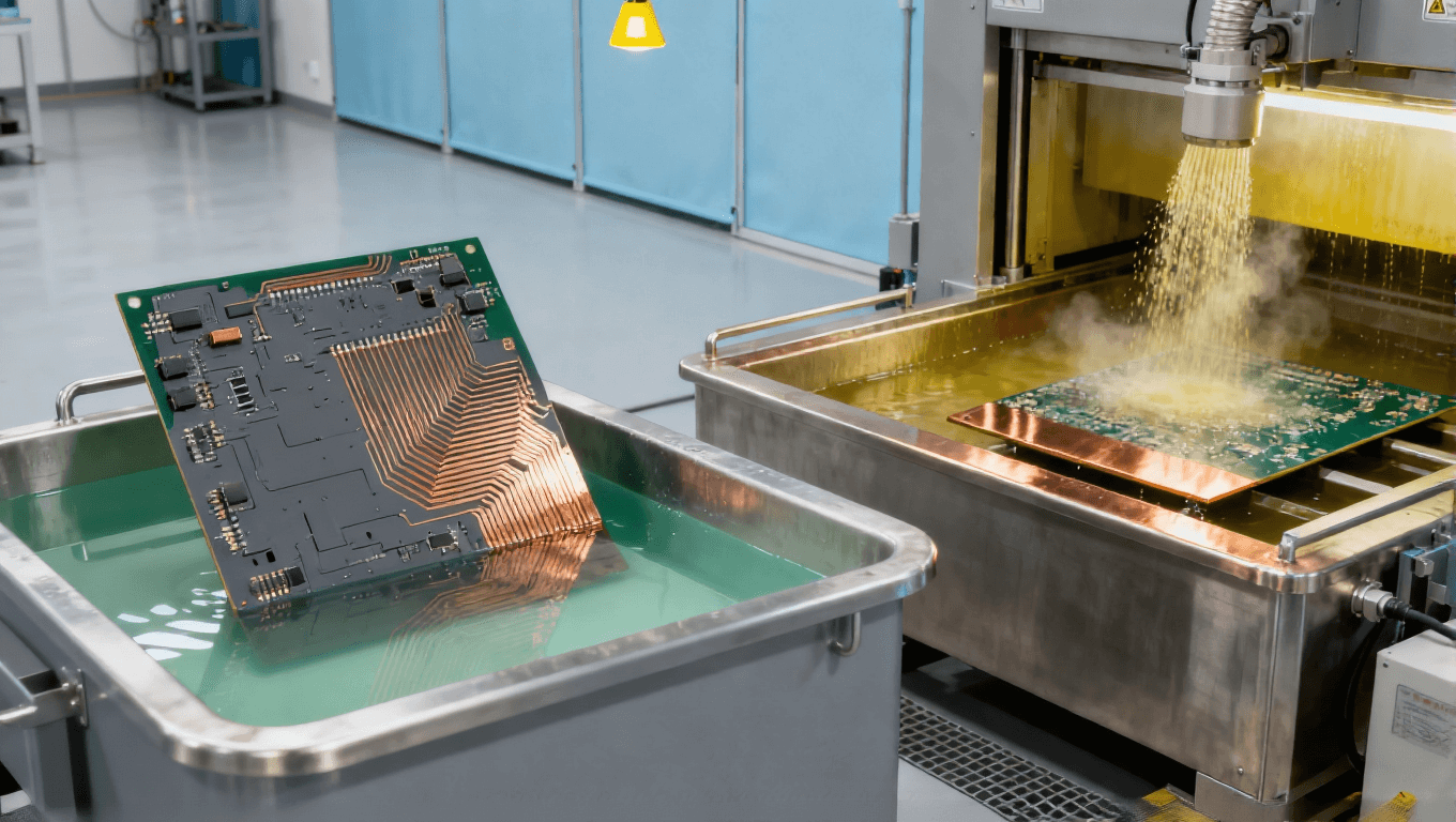 汽車(chē)電子高端PCB的mSAP工藝制造場(chǎng)景，展示電鍍槽、差分蝕刻設(shè)備及PCB基板，車(chē)規(guī)級(jí)PCB生產(chǎn)環(huán)境
