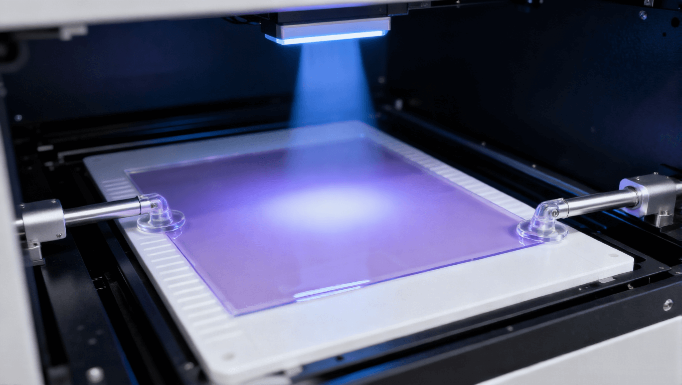 PCB改良型半加成法mSAP工藝光刻顯影環(huán)節(jié)，展示臥式光刻設(shè)備、透明PI基板、淡紫色光刻膠及紫外光，高端PCB光刻場(chǎng)景