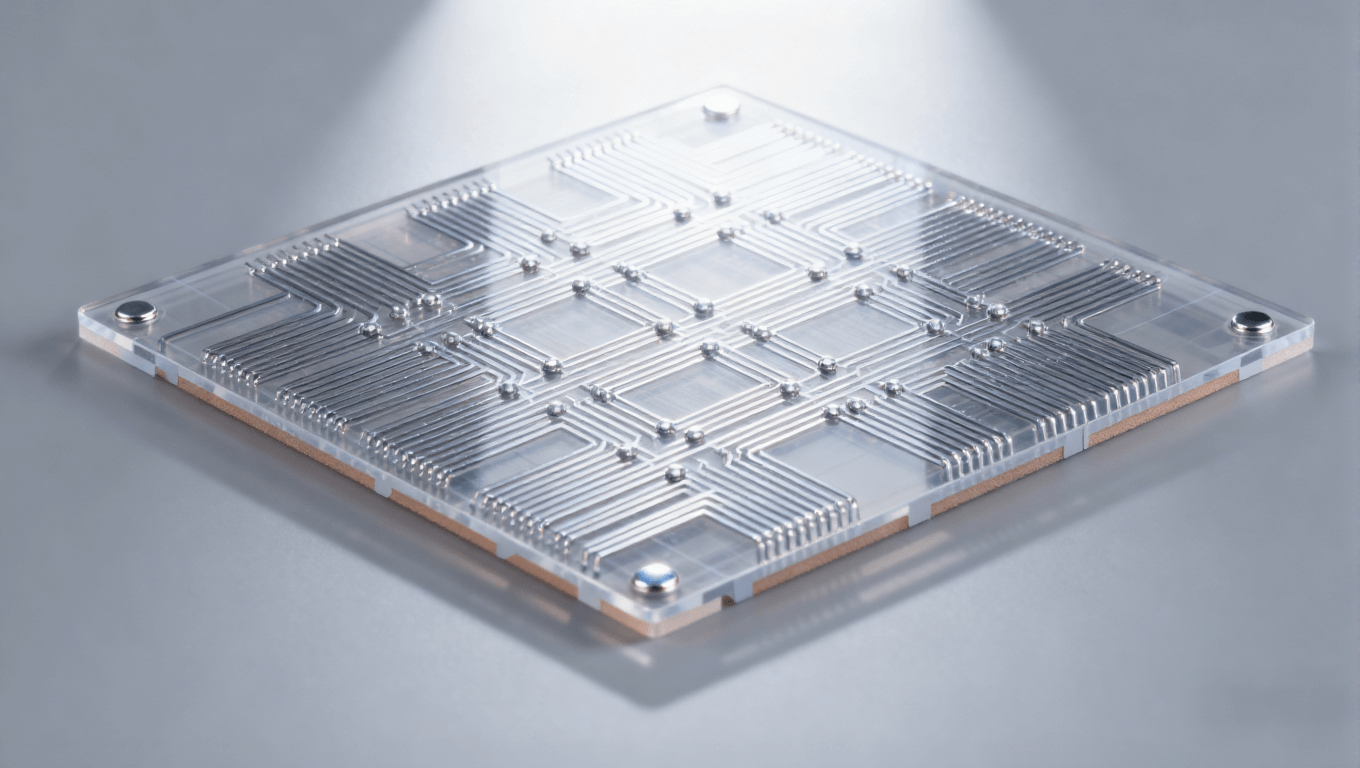 Mini LED驅(qū)動(dòng)板mSAP工藝精細(xì)線路特寫(xiě)，展示透明PCB基板與銀銅色細(xì)密線路，高端PCB線路細(xì)節(jié)圖