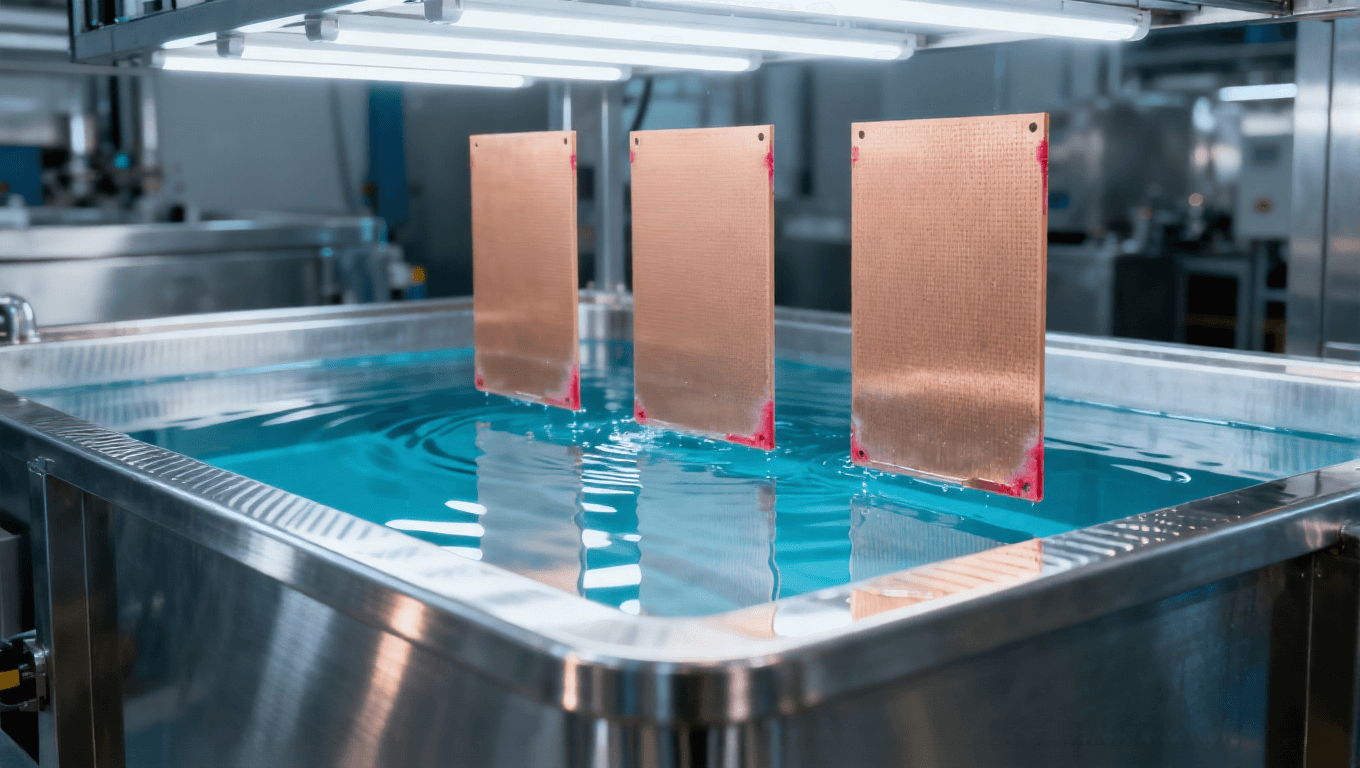 PCB半加成法SAP工藝化學(xué)鍍銅工序場(chǎng)景，展示立式銀灰色金屬鍍銅槽、透明藍(lán)色鍍液及FR-4基板，高端PCB制造車(chē)間環(huán)境