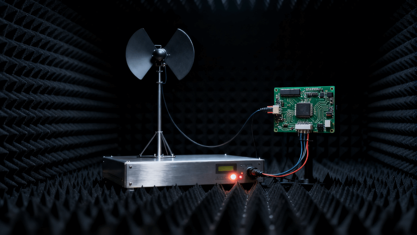 電路板電磁兼容性測試場景,在屏蔽暗室中評估輻射發(fā)射與抗干擾能力 電路板電磁兼容性測試場景,在屏蔽暗室中評估輻射發(fā)射與抗干擾能力