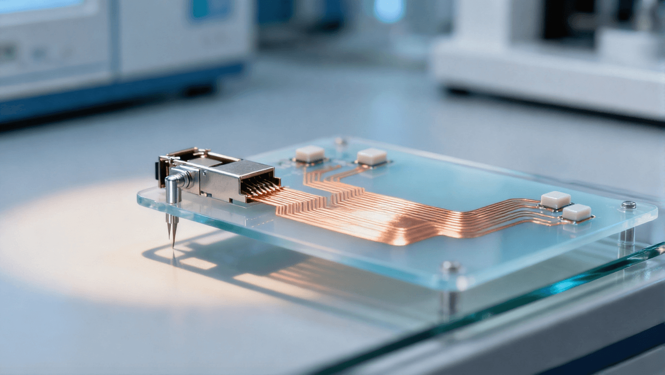 實驗室測試光模塊 PCB 淡藍色低 Dk 基材 淺橙色銅箔線路 金屬測試探針 電子測試場景 冷光光影