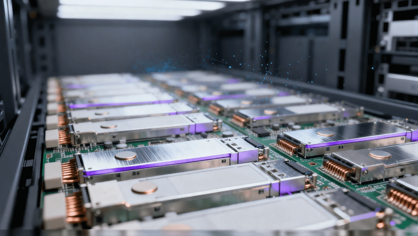 數(shù)據(jù)中心光模塊 PCB 組件 服務(wù)器機柜場景 銀色散熱片 淡紫色信號光效 光通信設(shè)備 冷色調(diào)科技氛圍