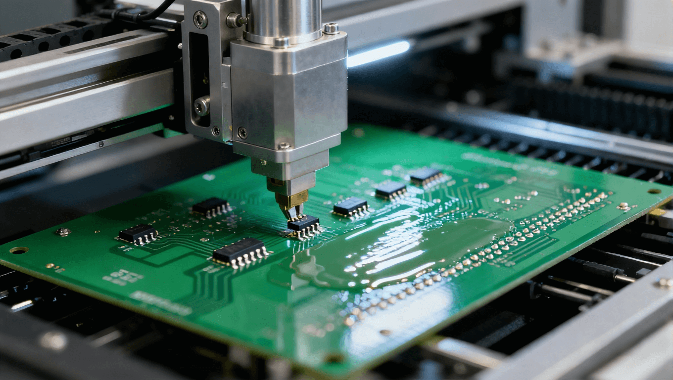 自動化貼片機機械臂抓取元器件，對準綠色 PCB 焊盤的 SMT 貼裝工序，焊盤涂有高亮焊膏.png