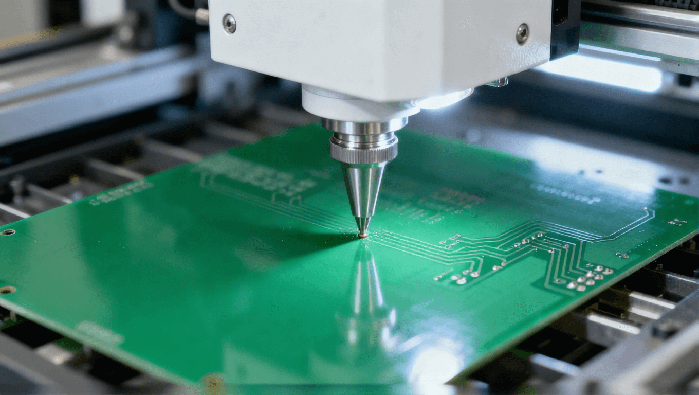 數控鉆孔設備對綠色 PCB 基板進行鉆孔，冷白光聚焦鉆孔點的工業加工場景