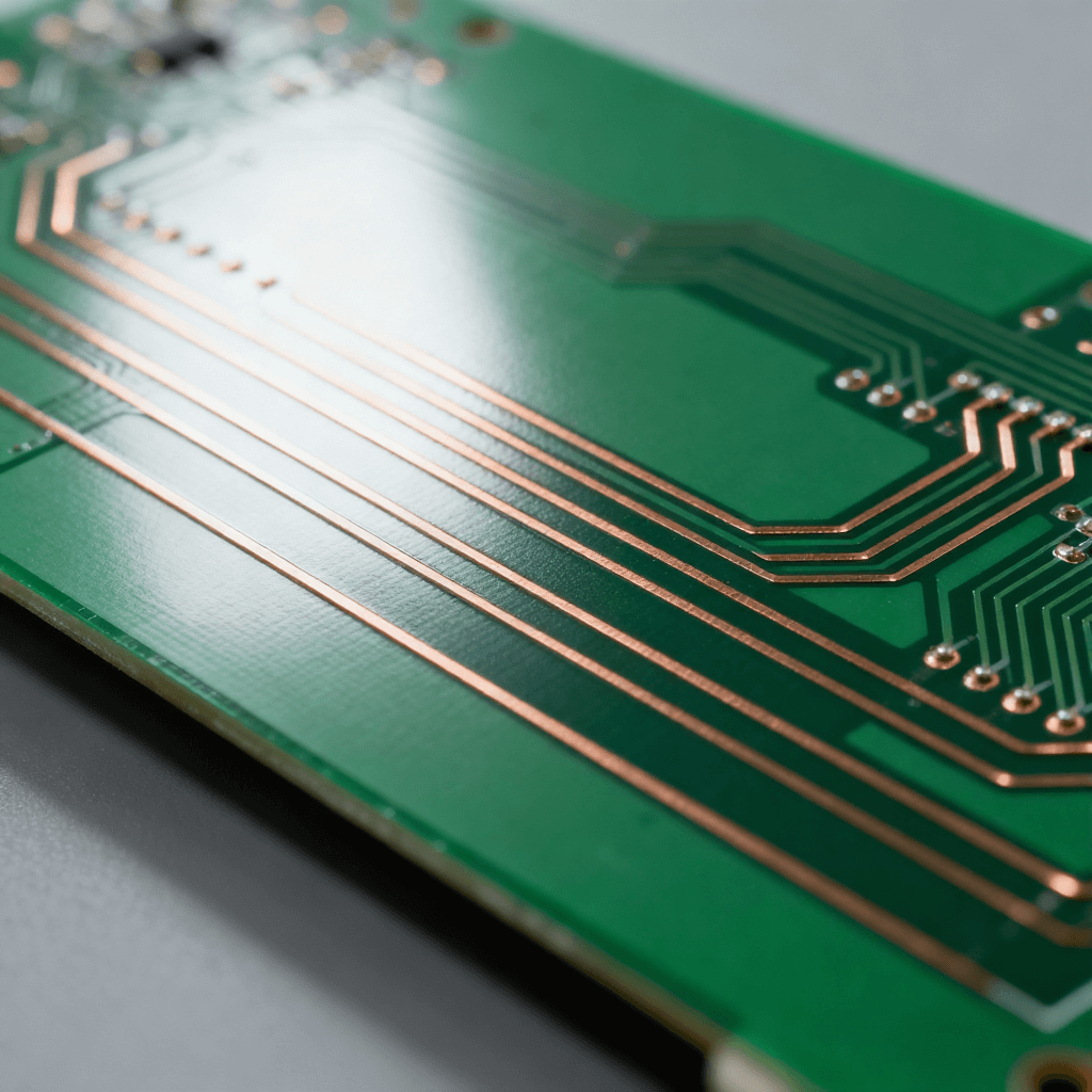 綠色 PCB 印刷電路板特寫，表面分布精密銅箔導電線路的硬質電子載體